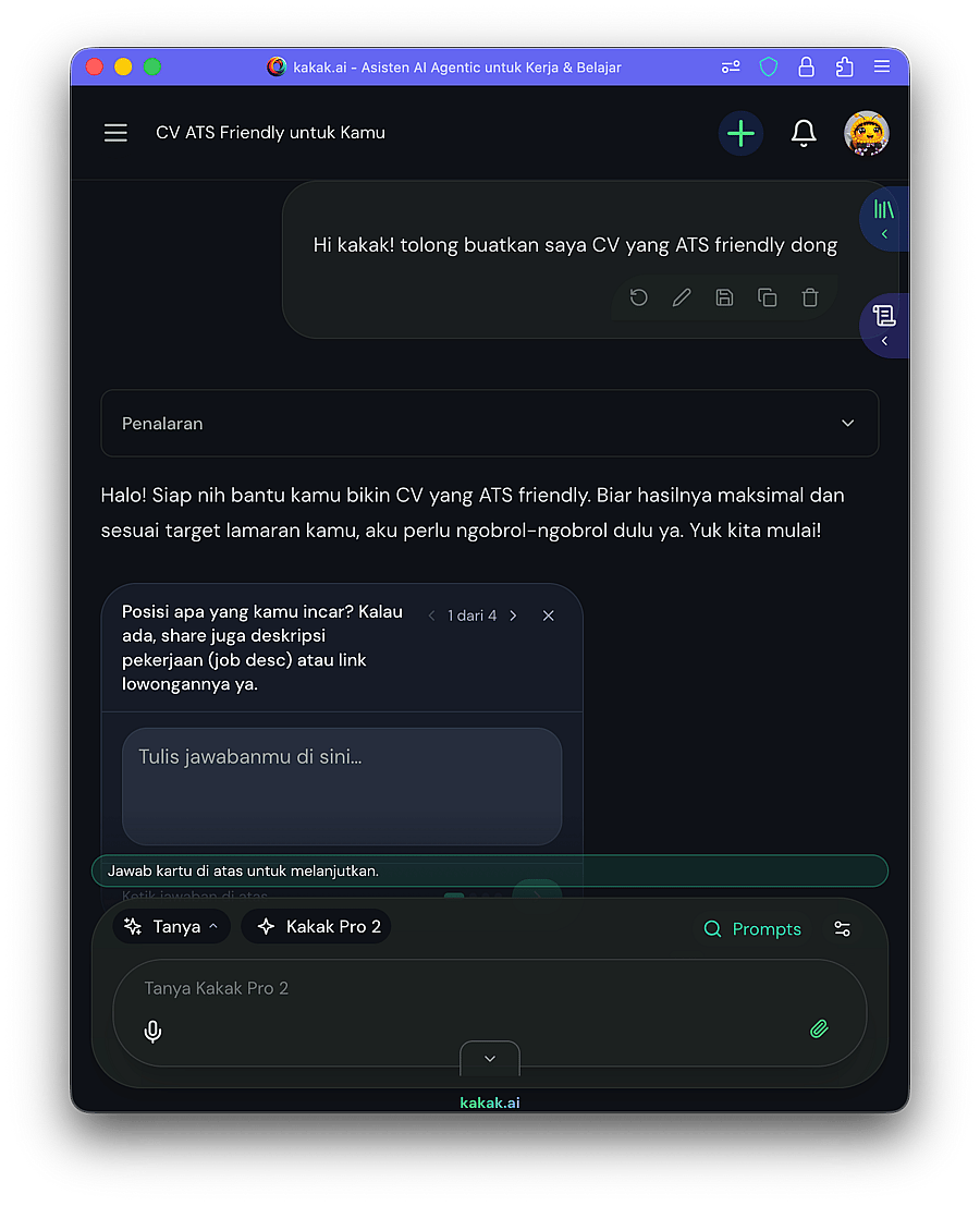 Screenshot kakak.ai CV ATS Builder — AI memandu pembuatan CV step-by-step