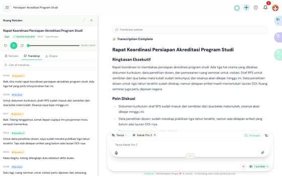 Tab Transkrip di Ruang Notulen kakak.ai — daftar segmen bercap waktu dengan chip nama pembicara yang bisa diganti