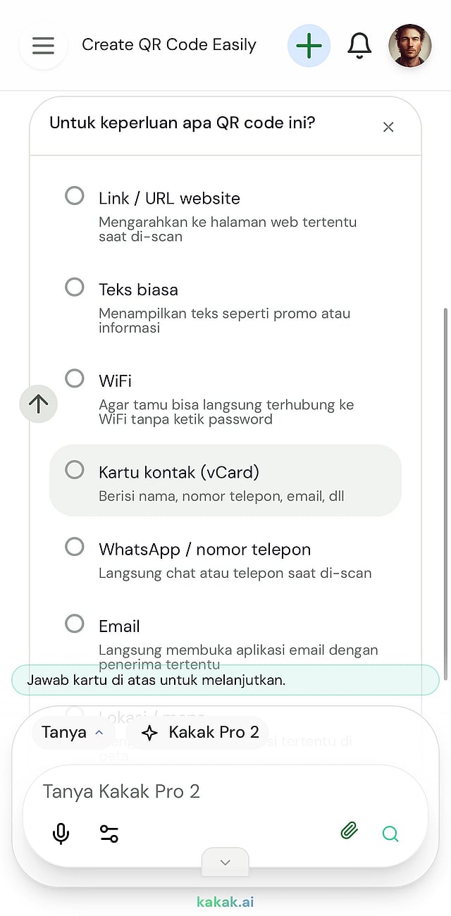 8 jenis QR code yang bisa dibuat di kakak.ai: URL, WhatsApp, WiFi, vCard, Email, Lokasi, Teks, dan Telepon