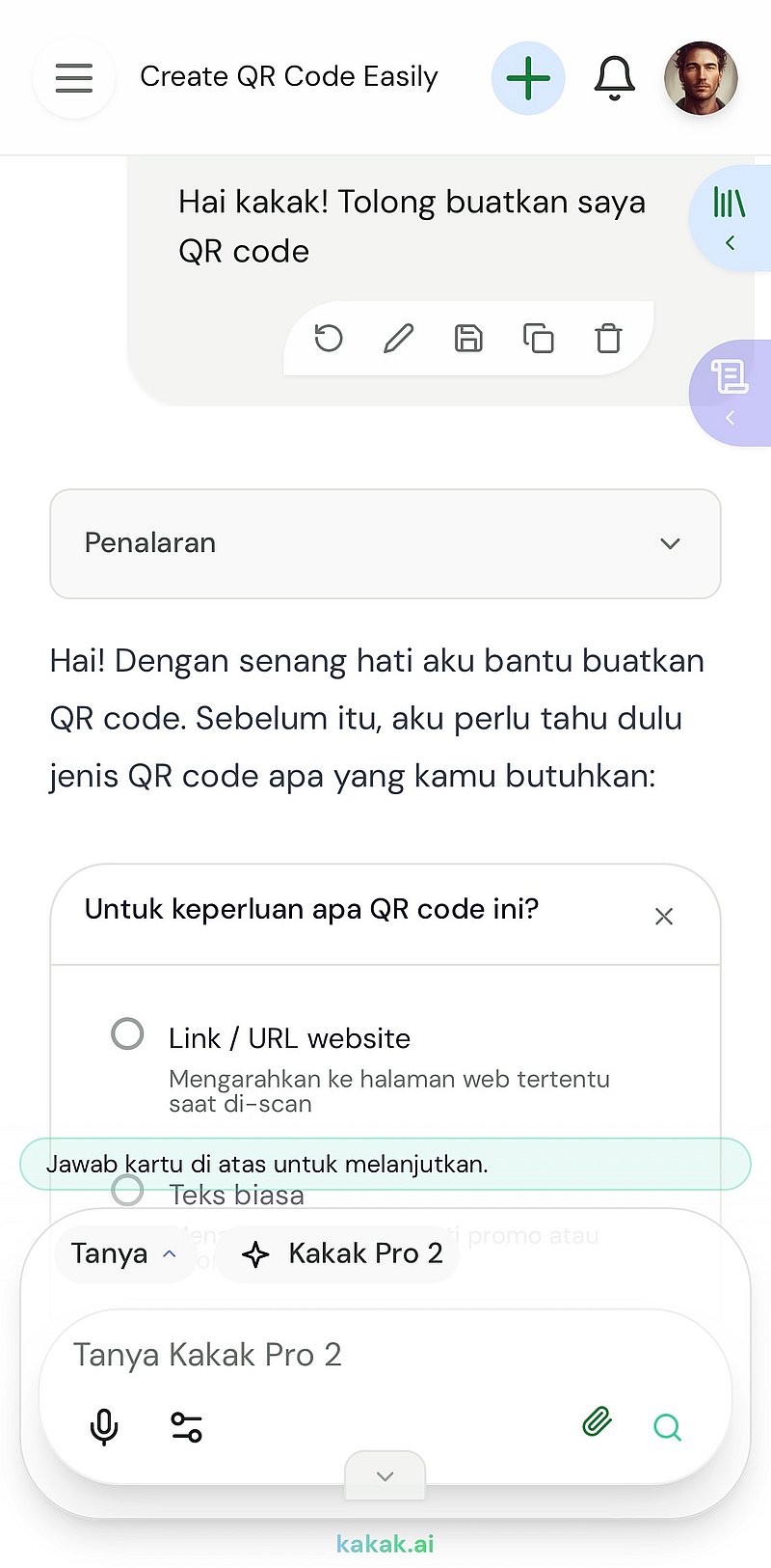 Screenshot kakak.ai: chat AI membuat QR code WhatsApp dan WiFi dalam satu percakapan