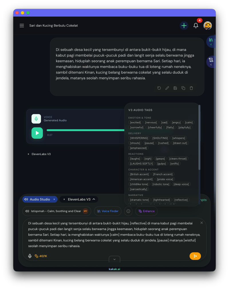 Dashboard Studio Audio kakak.ai dengan prompt enhancer dan voice tags