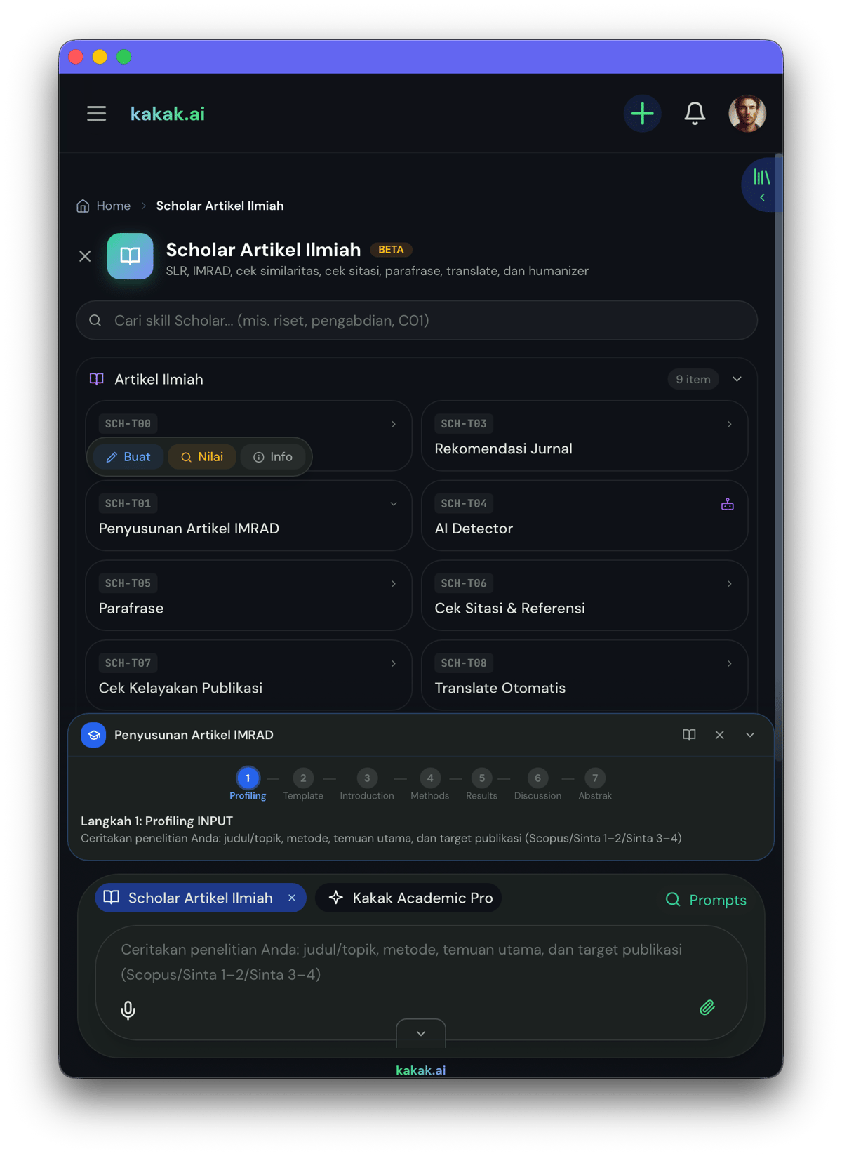 Scholar Agents kakak.ai — AI untuk penulisan artikel ilmiah dan SLR