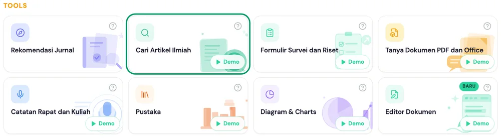 Beranda kakak.ai: grup Tools dengan kartu Cari Artikel Ilmiah disorot