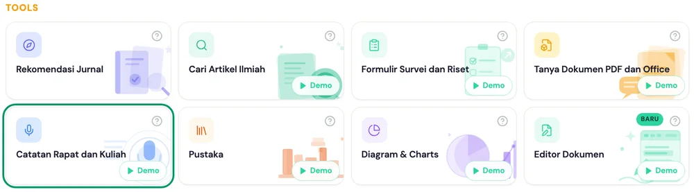 Beranda kakak.ai: grup Tools dengan kartu Catatan Rapat dan Kuliah disorot