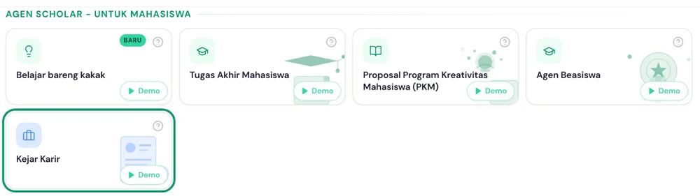 Beranda kakak.ai: grup Agen Scholar - untuk Mahasiswa dengan kartu Kejar Karir disorot