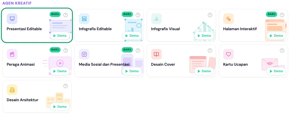 Beranda kakak.ai: grup Agen Kreatif dengan kartu Presentasi Editable disorot