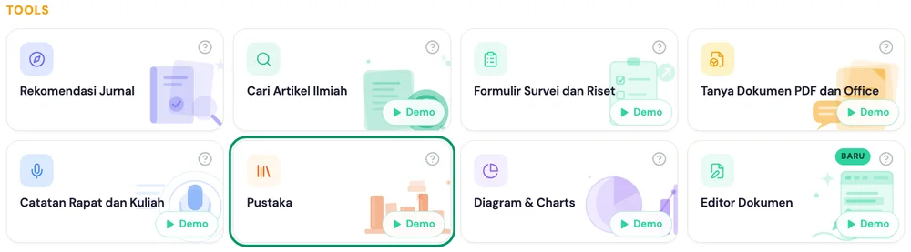 Beranda kakak.ai: grup Tools dengan kartu Pustaka disorot