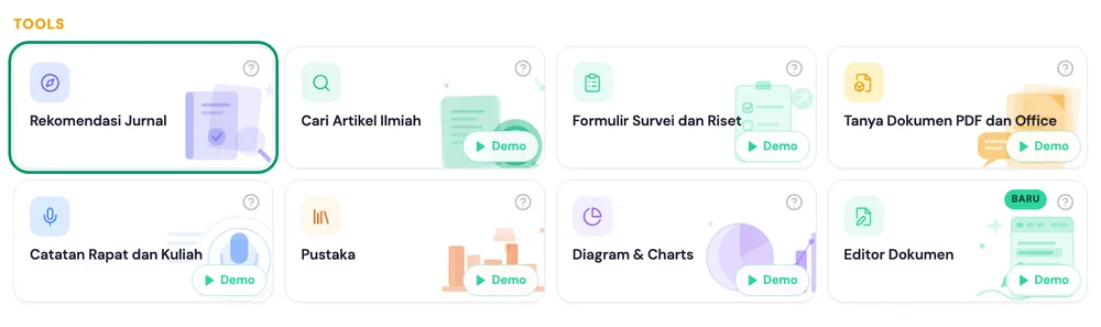 Beranda kakak.ai: grup Tools dengan kartu Rekomendasi Jurnal di posisi pertama, disorot
