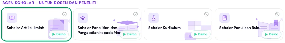 Beranda kakak.ai: grup Agen Scholar - untuk Dosen dan Peneliti dengan kartu Scholar Artikel Ilmiah disorot