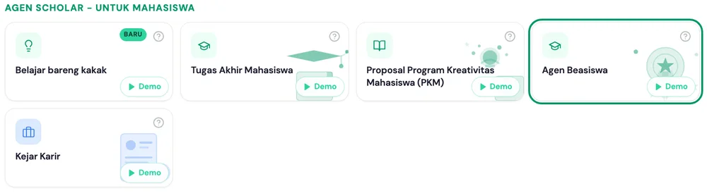 Beranda kakak.ai: grup Agen Scholar - untuk Mahasiswa dengan kartu Agen Beasiswa disorot