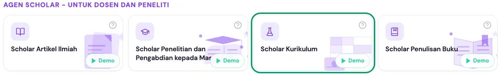 Beranda kakak.ai: grup Agen Scholar - untuk Dosen dan Peneliti dengan kartu Scholar Kurikulum disorot