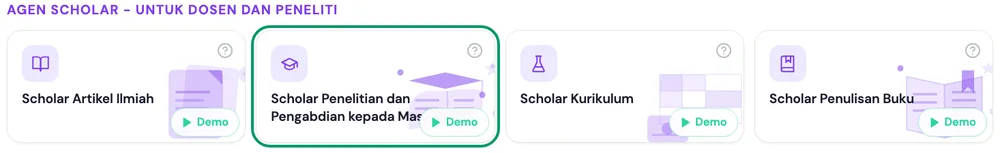 Beranda kakak.ai: grup Agen Scholar - untuk Dosen dan Peneliti dengan kartu Scholar Penelitian dan Pengabdian kepada Masyarakat disorot