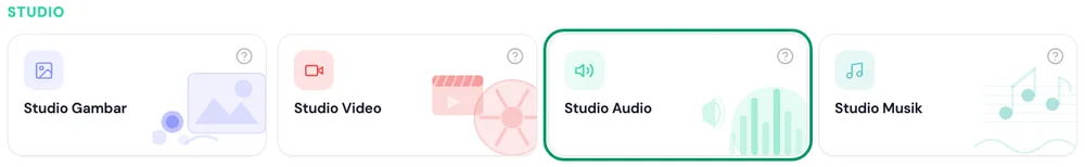 Beranda kakak.ai: grup Studio dengan kartu Studio Audio disorot