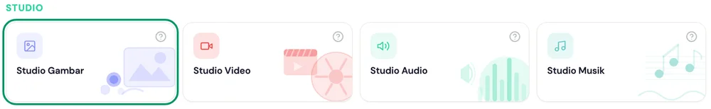 Beranda kakak.ai: grup Studio dengan kartu Studio Gambar disorot
