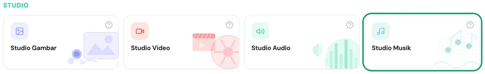 Beranda kakak.ai: grup Studio dengan kartu Studio Musik disorot
