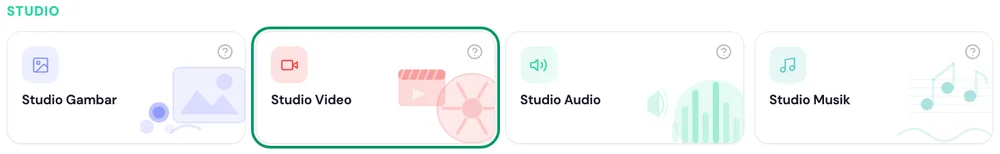 Beranda kakak.ai: grup Studio dengan kartu Studio Video disorot