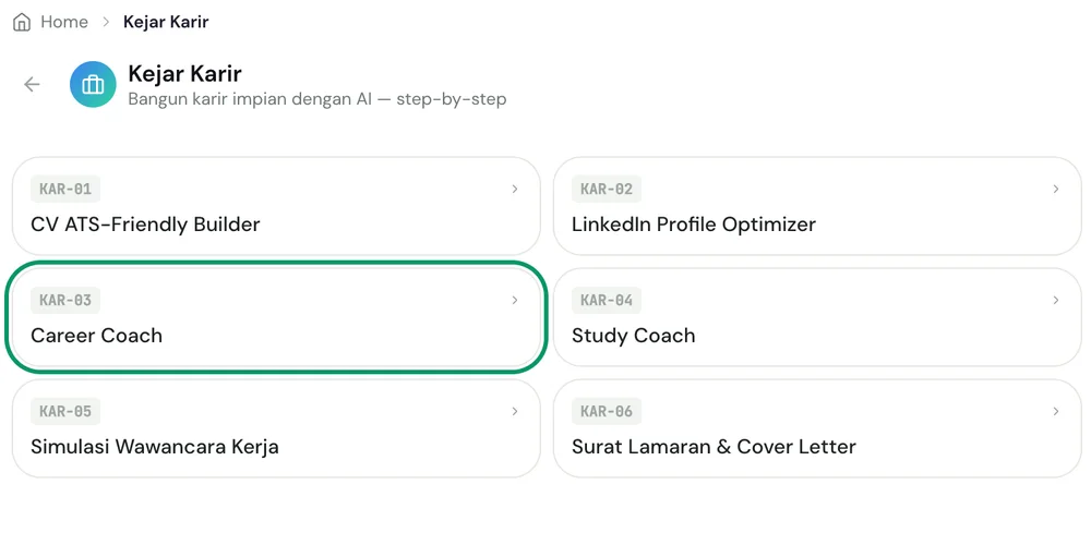 Submenu Kejar Karir dengan item Career Coach disorot