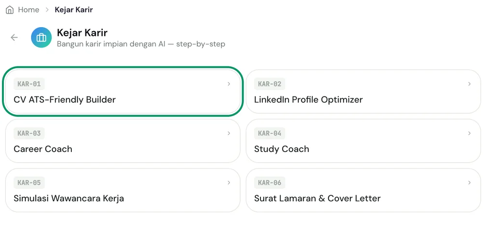 Submenu Kejar Karir dengan item CV ATS-Friendly Builder disorot