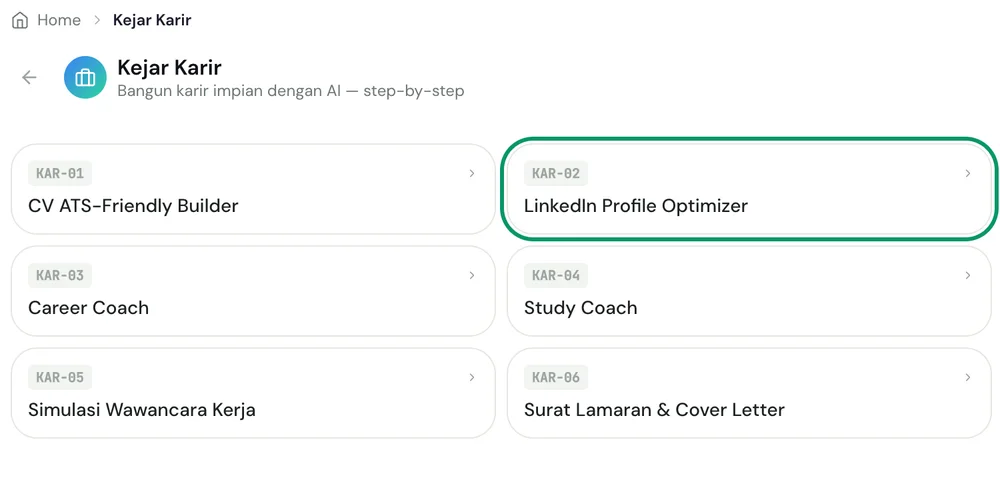 Submenu Kejar Karir dengan item LinkedIn Profile Optimizer disorot
