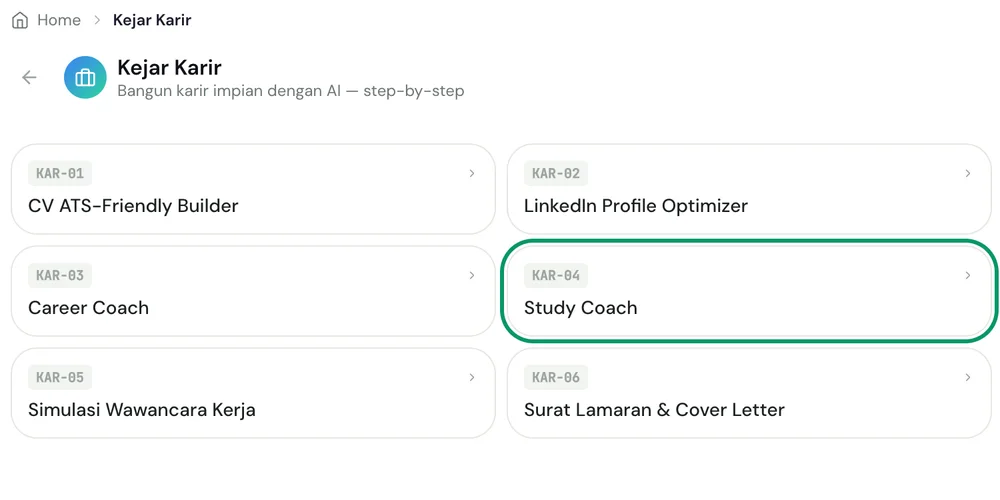 Submenu Kejar Karir dengan item Study Coach disorot