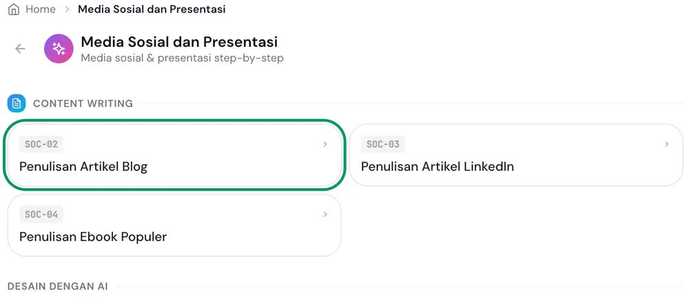Submenu Media Sosial dan Presentasi dengan item Penulisan Artikel Blog disorot