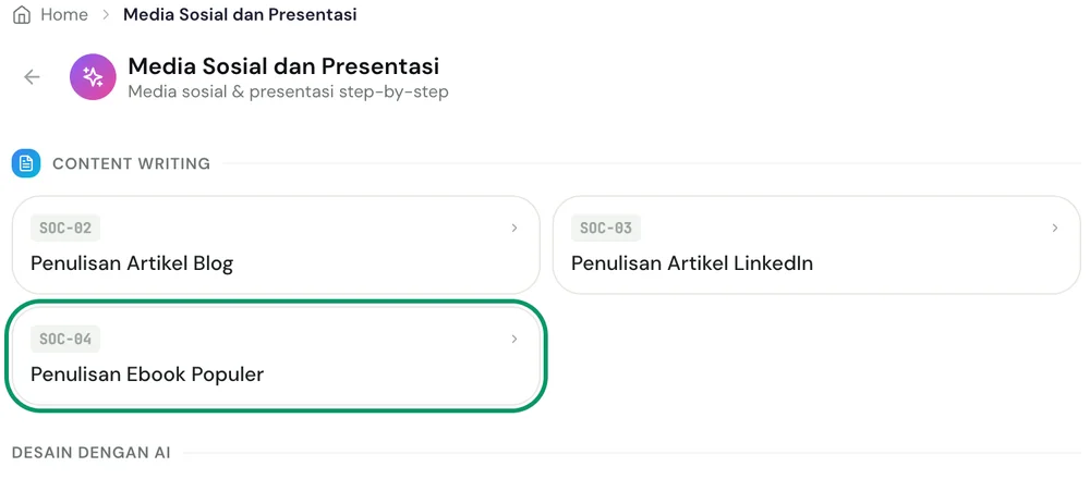 Submenu Media Sosial dan Presentasi dengan item Penulisan Ebook Populer disorot
