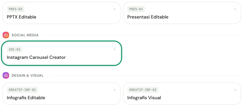 Submenu Media Sosial dan Presentasi dengan item Instagram Carousel Creator disorot