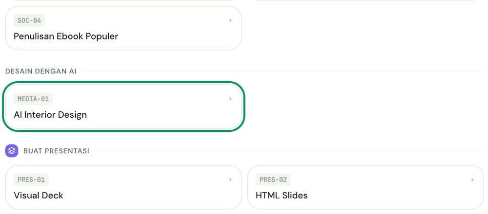 Submenu Media Sosial dan Presentasi dengan item AI Interior Design disorot