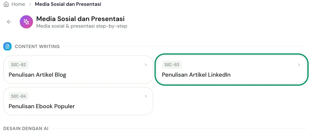 Submenu Media Sosial dan Presentasi dengan item Penulisan Artikel LinkedIn disorot