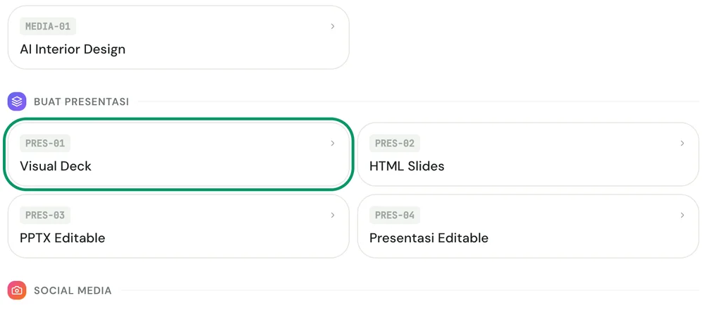 Submenu Media Sosial dan Presentasi dengan item Visual Deck disorot