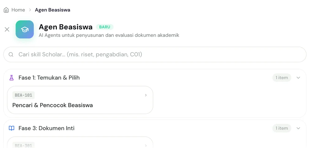 Layar yang terbuka setelah kartu Agen Beasiswa diklik