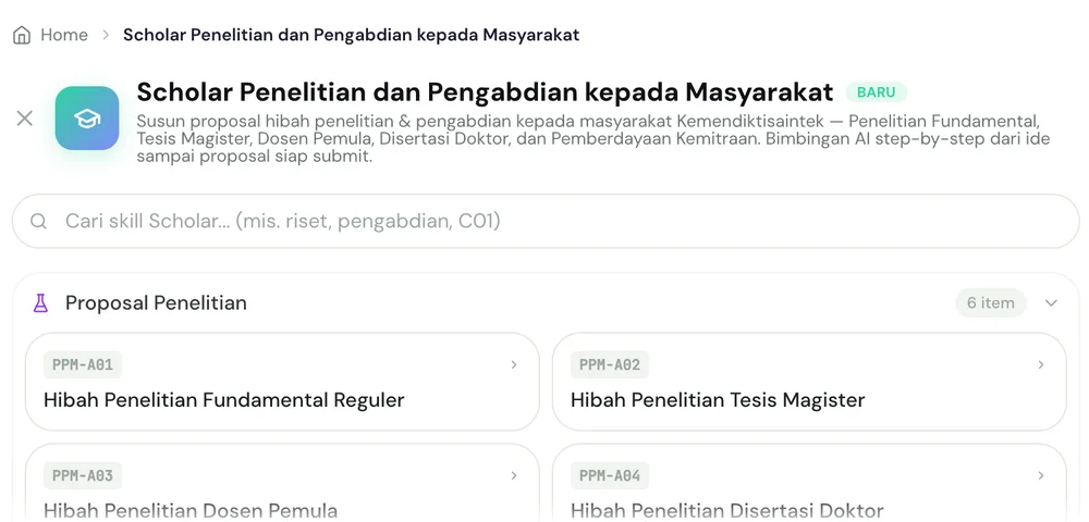 Layar yang terbuka setelah kartu Scholar Penelitian dan Pengabdian kepada Masyarakat diklik