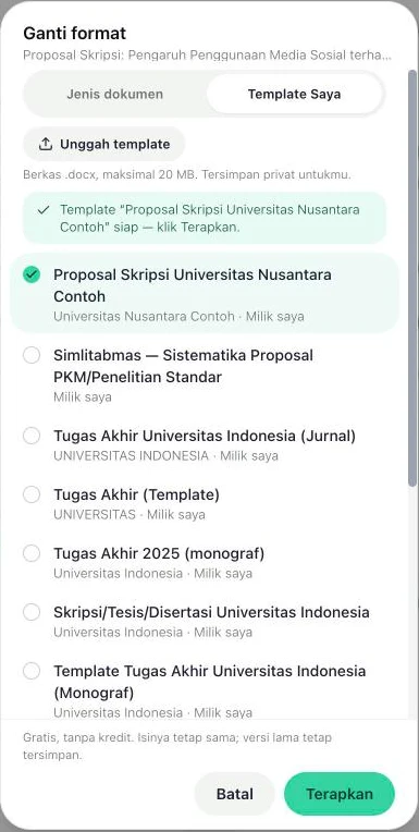Tab Template Saya berisi tombol Unggah template, keterangan berkas .docx maksimal 20 MB dan tersimpan privat, serta daftar template milikmu dengan satu template terpilih