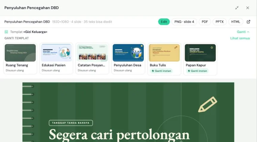 Panel presentasi dengan bilah Templat Gizi Keluarga dan tombol Ganti terbuka: enam templat terdekat, empat berlabel Disusun ulang dan dua berlabel Ganti instan, serta tautan Lihat semua