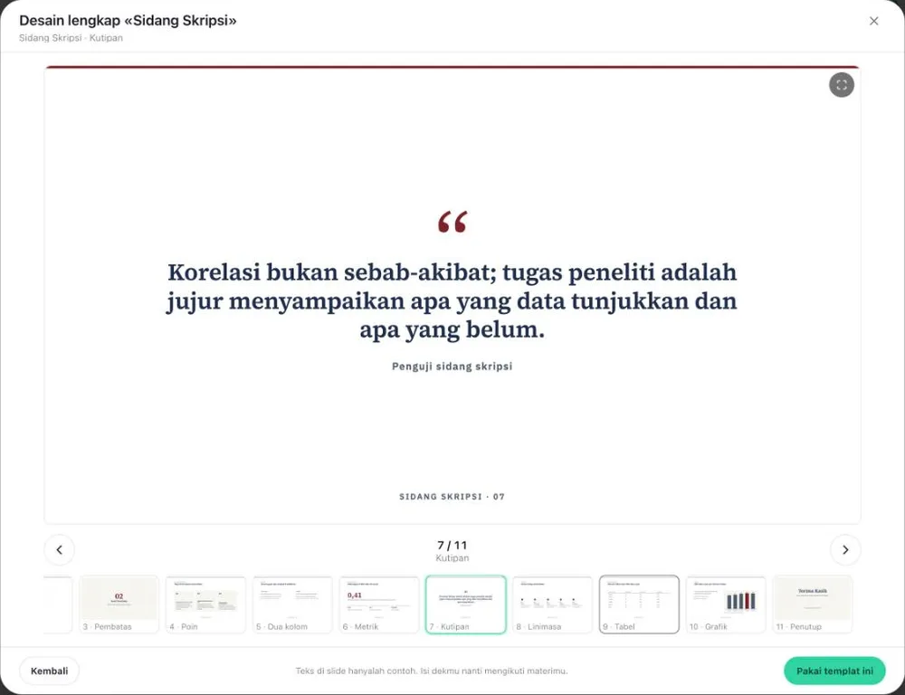 Tampilan Desain lengkap templat Sidang Skripsi: slide contoh ketujuh bergaya kutipan dalam ukuran besar, rel 11 slide contoh di bawahnya, dan catatan bahwa teks di slide hanyalah contoh
